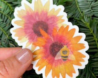 Bee on Echinacea Flower Sticker, Watercolor Art Decal