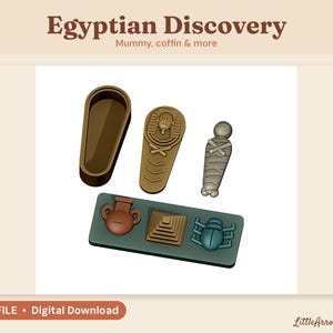 May include: A set of 3D printed objects including an open brown coffin, a matching coffin lid with a pharaoh face, a grey mummy figurine, and a rectangular base featuring a brown vase, a brown pyramid, and a blue scarab beetle.