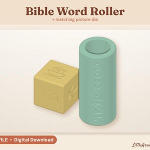 Puede incluir: Un dado cúbico amarillo con iconos en relieve de un barco, un pez y una estrella, junto a una herramienta de rodillo cilíndrica de color verde salvia. El texto Bible Word Roller + matching picture die y STL FILE Digital Download es visible.