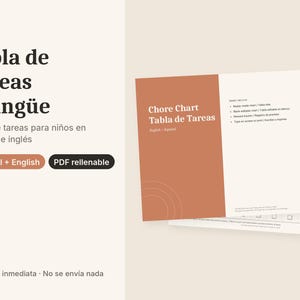 Può includere: Un grafico delle faccende domestiche bilingue digitale che mostra il testo "Tabla de Tareas Bilingüe" e "Chore Chart Tabla de Tareas" in bianco e marrone scuro su sfondo crema con un pannello color terracotta e una griglia.