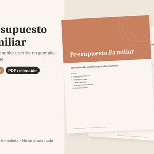 Può includere: Un modello digitale di pianificatore di budget familiare in spagnolo, con un'intestazione color terracotta che riporta il testo Presupuesto Familiar. Il documento include sezioni per il budget mensile, il risparmio, i debiti e le spese.