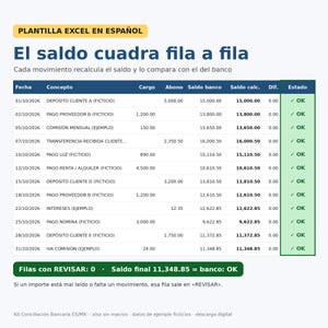 May include: A digital spreadsheet template titled Plantilla Excel en Español featuring a bank reconciliation table. Columns include date, concept, debit, credit, bank balance, calculated balance, difference, and status marked as OK.