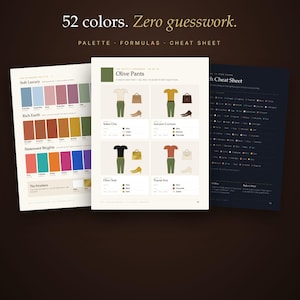 May include: Three informational pages titled 52 colors. Zero guesswork. Palette, Formulas, Cheat Sheet. The pages display color swatches, outfit combinations with olive pants, and a color matching cheat sheet with text in black and white.
