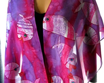 Bright Hand Painted Silk Scarf. 14 x 72 inch Silk Fish Scarf. Pink, Purple & White. 100% Habotai Silk Scarf. Pink Silk Scarves. Unique gift.