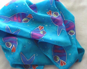 Turquoise Silk Scarf. Tropical Fish Scarf. Blue and Pink Fish. Light Blue Silk Scarves 11 x 60 inches. Hand Painted Scarf. Gift for Her.