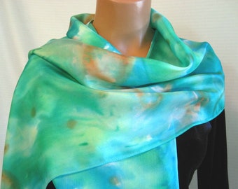 Soft Green Silk Scarf. 14 x 72 inch Light Green, Amber & White Silk Scarf. Abstract Art Scarf.  100% Hand Dyed Habotai Silk. Unique Gift.