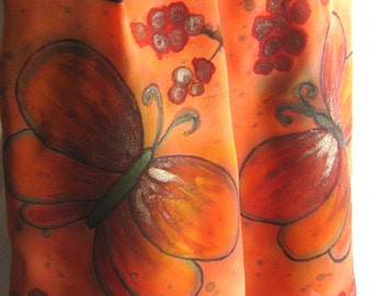 Orange Crepe de Chine Silk Scarf. Hand Painted Crepe Silk. Moths, Butterflies, Wings. Hand Dyed 11 x 60 Scarf, Burnt Orange, Rust, Olive.