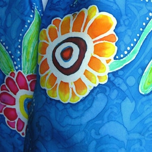 Long Blue Silk Scarf with Bright Flowers. Hand Painted 8 x 72 inch Blue Habotai Silk Scarf. Cheerful Unique Colorful Original OOAK Gift.