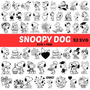 May include: A collection of 52 black and white line art illustrations of Snoopy the dog in various poses and activities, including holding flowers, sports equipment, and wearing costumes, with the text SNOOPY DOG 52 SVG SVG + PNG.