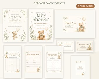 Neutrale teddybeer babyshowerpakket | 9 bewerkbare Canva-sjablonen