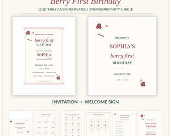 Pacchetto per il primo compleanno a tema frutti di bosco / 12 modelli Canva modificabili (download digitale)