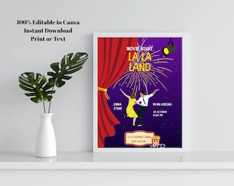 May include: A movie night poster for La La Land featuring a red curtain, fireworks, and two figures dancing. Text includes Movie Night, La La Land, Emma Stone, Ryan Gosling, 25 October, 8.00 PM, Let It Happen Cinema, and Free Popcorn with a popcorn bucket.