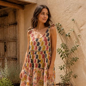 May include: A sleeveless tiered midi dress featuring a multi-colored paisley and floral print with tie-shoulder straps. The garment displays a mix of red, yellow, blue, and green patterns on a cream base with visible stitching throughout.