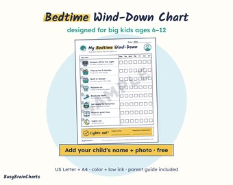 Entspannungsplan für die Schlafenszeit für Kinder von 6-12 Jahren, visueller Zeitplan für Kinder mit ADHS (PDF-Download)