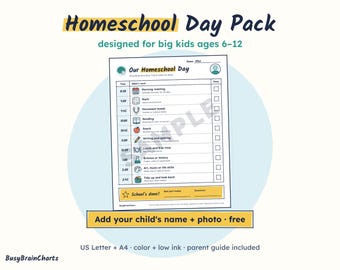 Stundenplan für Homeschooling für Kinder von 6-12 Jahren, Tagesablauf bei ADHS, druckbare PDF-Datei (Letter & A4)