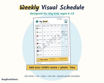 Bearbeitbarer visueller Wochenplan für Kinder von 6-12 Jahren, ADHS-Planer (PDF-Download)