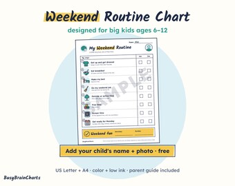 Wochenend-Routineplan für Kinder von 6-12 Jahren, ADHS-Plan, druckbares PDF (Letter & A4)