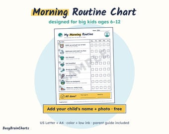 Morgenroutine-Plan für Kinder von 6-12 Jahren, Visueller Zeitplan für Kinder mit ADHS (PDF-Download)
