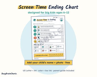 Bildschirmzeit-Countdown-Tabelle für Kinder von 6-12 Jahren, ADHS-Übergangshilfe (PDF)