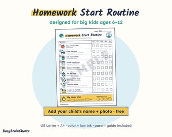 Hausaufgaben-Routineplan für Kinder mit ADHS im Alter von 6-12 Jahren, visueller Zeitplan mit Timer (PDF)