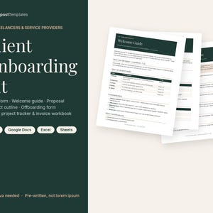 May include: A Client Onboarding Kit template for freelancers and service providers, featuring a dark green background with white text and a stack of printed documents including a Welcome Guide, intake form, and project tracker.