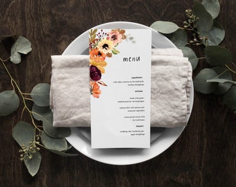 Fall Autumn Greenery Botanical Floral Hippe Wedding MENU Table Decor Tablescape