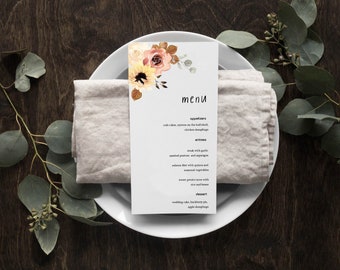 Fall Autumn Greenery Botanical Floral Hippe Wedding MENU Table Decor Tablescape