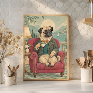 Lámina de estilo vintage con un carlino tomando té, arte canino elegante (descarga digital)
