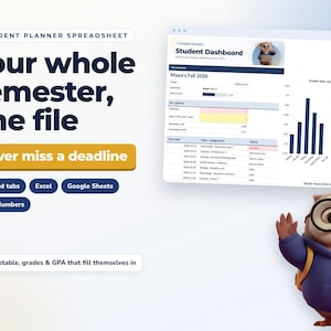 Student Planner Spreadsheet, College Class Schedule, Assignment Tracker, Grade & GPA Calculator, Study Planner, Google Sheets Excel Numbers
