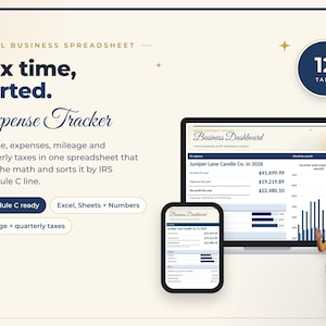May include: A small business spreadsheet for tax and expense tracking. The interface displays a business dashboard with income, expenses, and profit data for Juniper Lane Candle Co. in 2026, featuring 12 tabs, charts, and tax sorting.