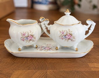 Juego de azucarero, jarra para crema y bandeja en miniatura Lefton China #7051, porcelana vintage japonesa pintada a mano con motivos florales, regalo coleccionable