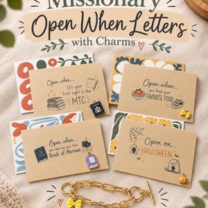 May include: A set of kraft paper envelopes and cards labeled Missionary Open When Letters with Charms. The cards feature illustrations and text for specific occasions, including a gold-tone chain bracelet with small charms attached.