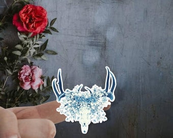 Blue Floral Deer Skull, Boho Witchy Printable Sticker, Printable Digital Sticker, Cricut and Silhouette Stickers, Print and Cut PNG JPEG PDF