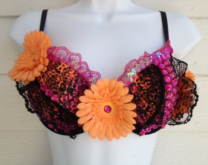 Orange Pink and Black W/ Daisies Rave Bra / Costume Bra / EDC Etsy