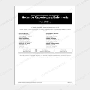 May include: A black and white digital document titled Hojas de Reporte para Enfermería by Planwell. The page lists nursing report templates including patient tracking sheets, SBAR handoff forms, and medication logs in US Letter and A4 sizes.