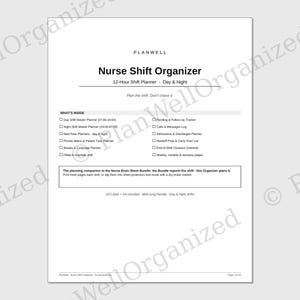 May include: A white Nurse Shift Organizer planner page with black text. The header reads PLANWELL Nurse Shift Organizer 12-Hour Shift Planner - Day & Night. It lists sections like Day Shift Master Planner, Med Pass Planner, and a checklist.