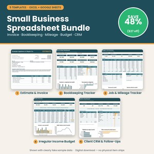 May include: A digital small business spreadsheet bundle featuring five templates for Excel and Google Sheets. Includes an estimate and invoice, bookkeeping tracker, job and mileage tracker, irregular income budget, and client CRM and follow-ups.