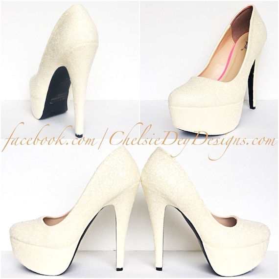 Ivory Glitter High Heels Off White Wedding Pumps Sparkly Wedding Shoes Glitzy Prom Heels Mrs. Wedding Glitter High Heels Ivory White Pumps Sparkly Ivory Wedding Shoes Yellow Accent Last Name Heels