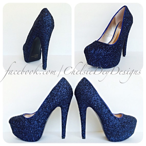 Navy Blue High Heels Glitter High Heel Closed Toe Pumps Etsy