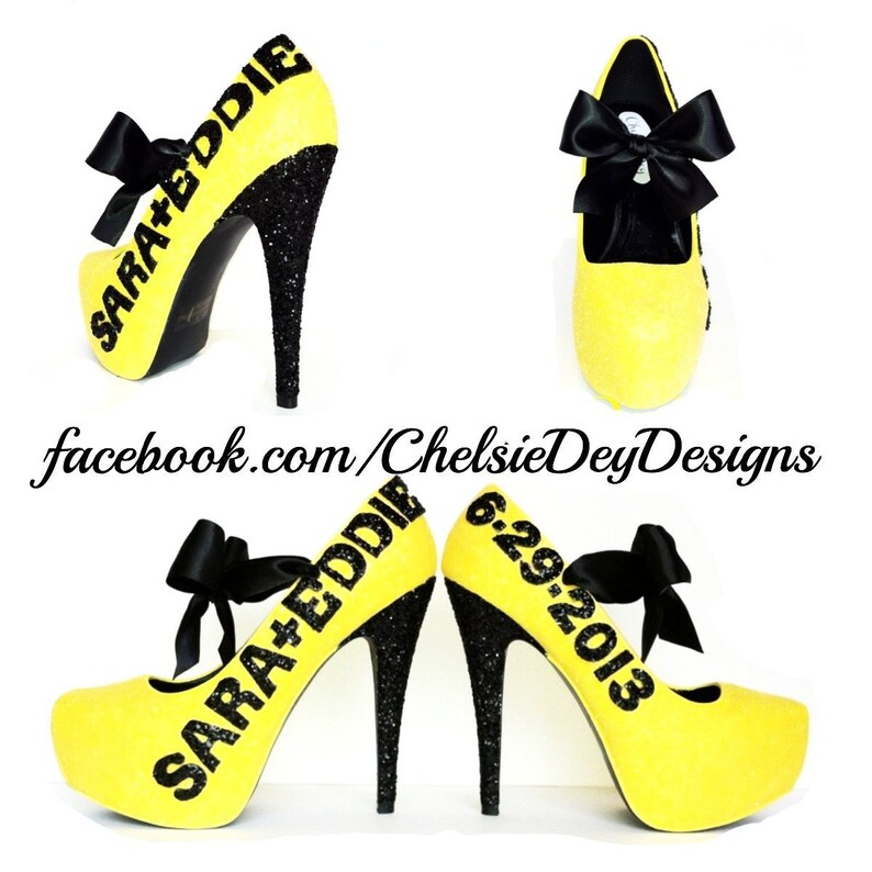 Glitter High Heels Black And Yellow Pumps Last Name And Etsy