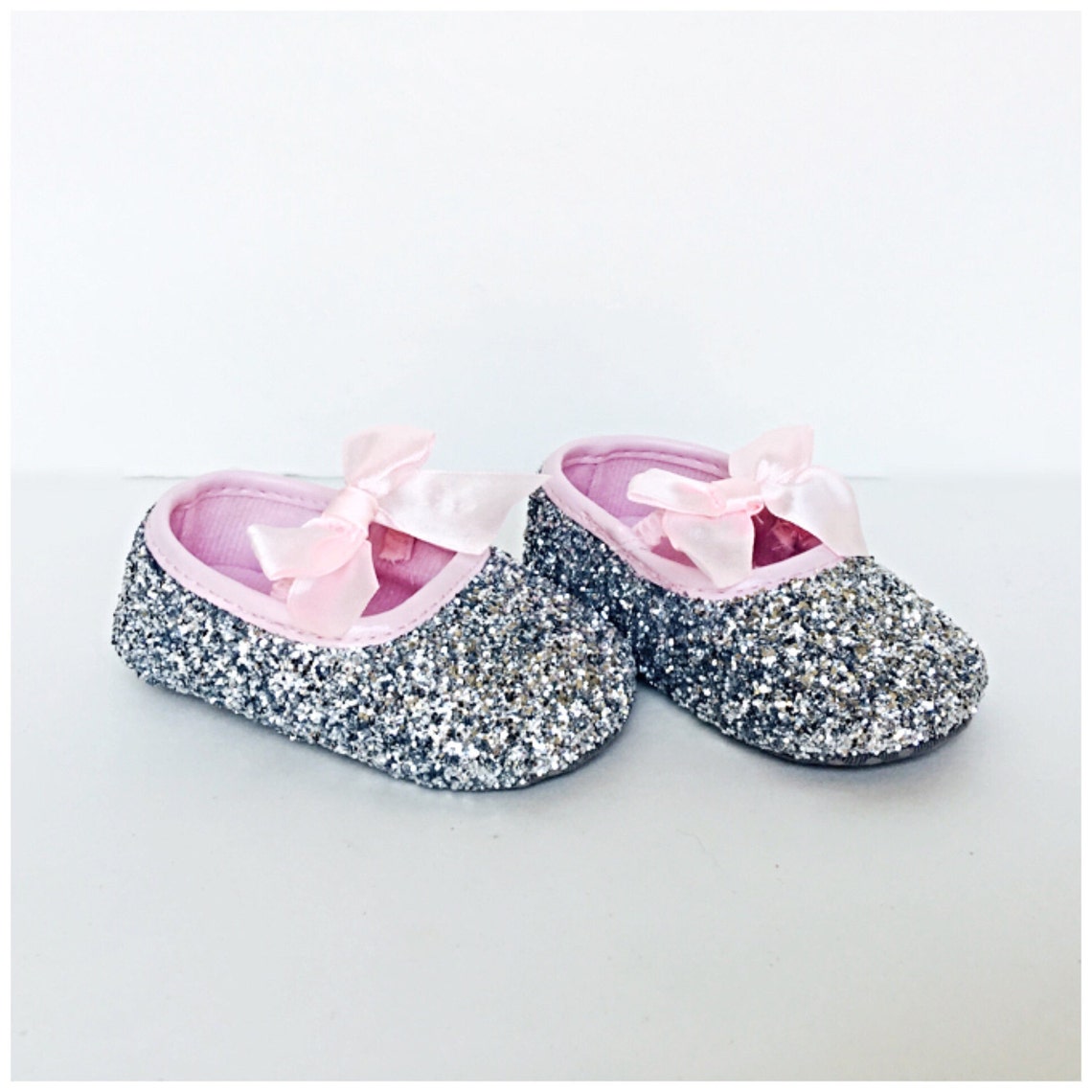 Baby Glitter Shoes Silver Booties Pink Crystal Flats | Etsy