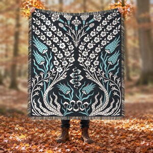 Iznik Tulip Throw, Turquoise and Cream Ottoman Tile Flowers, Woven Cotton Wall Hanging