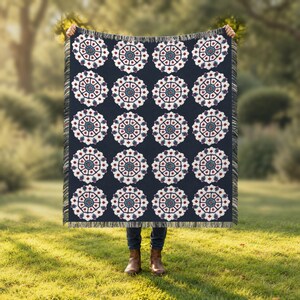 Iznik Rosette Throw, Navy Ottoman Tile Medallions in White and Red, Woven Cotton Wall Hanging