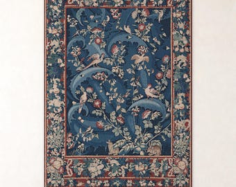May include: A rectangular wall tapestry featuring a deep blue background with stylized swirling foliage, various birds, and small animals. The central scene is framed by a wide border decorated with intricate floral patterns in red, blue, and cream.