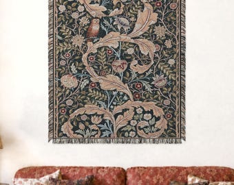 Owl Tapestry Throw, Arts and Crafts Acanthus on Dark Green, Woven Cotton Wall Hanging