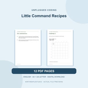 May include: A digital download set of 12 PDF pages titled Unplugged Coding Little Command Recipes. The document includes instructions for a command key and a grid-based challenge labeled Challenge 2, featuring A and B arrow sequences.