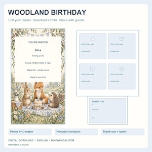 Editable Woodland Birthday Invitation Set, Phone PNG Maker and Printable Party Stationery