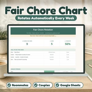 Chore Chart for Adults Google Sheets, Automatic Chore Rotation for Roommates Couples and Family, Weekly Chore Schedule