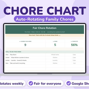 May include: A digital chore chart displayed on a laptop screen titled Fair Chore Rotation. The interface shows weekly tasks for Alex, Jordan, and Sam, including chore descriptions, locations, and point values, with a 56% completion rate.