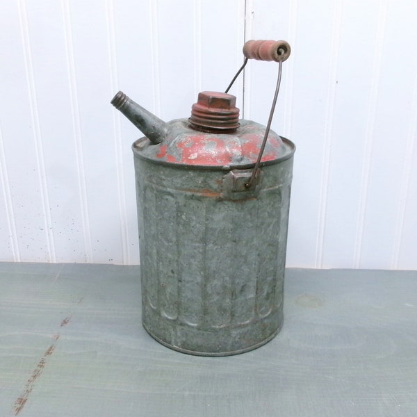 Vintage Gas Can Red Wood Handle Galvanized Deluxe